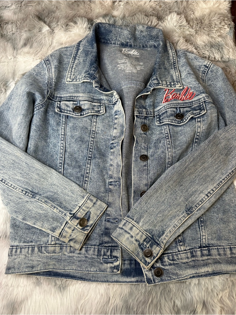 Barbie Light Wash Denim Jacket with Pink Script Logo